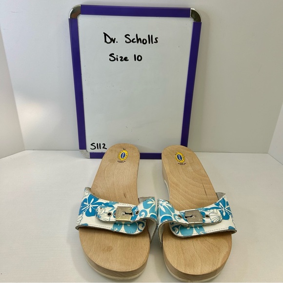 Dr Scholl’s Vintage Blue & White Hawaiian Hibiscus Silver Buckle Sandal Size 10 - Picture 13 of 14
